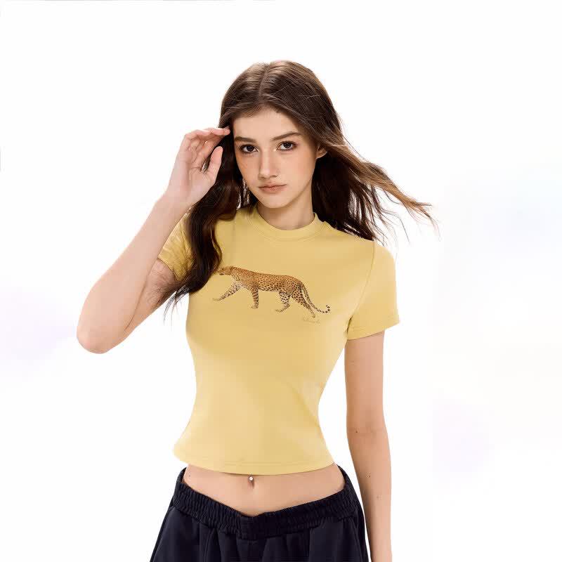 ICH MODE Women s Leopard Print Cropped T-shirt M