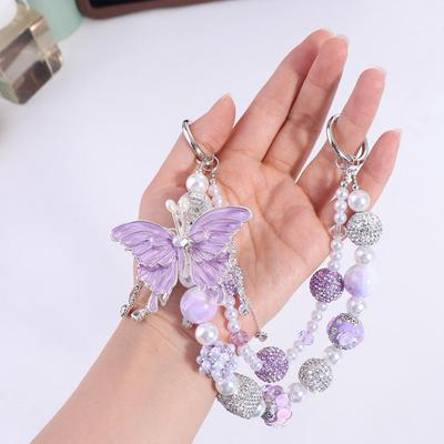 Porte-clés Papillon Nacré Double Couche Perlé Lanière pour Téléphone Portable Pendentif pour Téléphone Portable