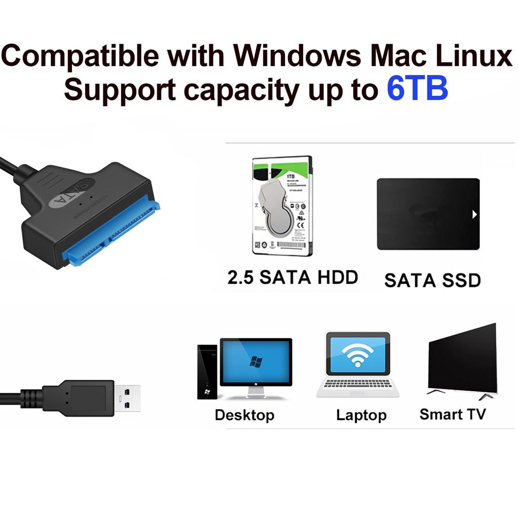 SATA To USB 3.0 Adapter Cable for 2.5 Inch Hard Drive HDD/SSD Data Transfer, External Hard Drive Converter Support UASP (Black)