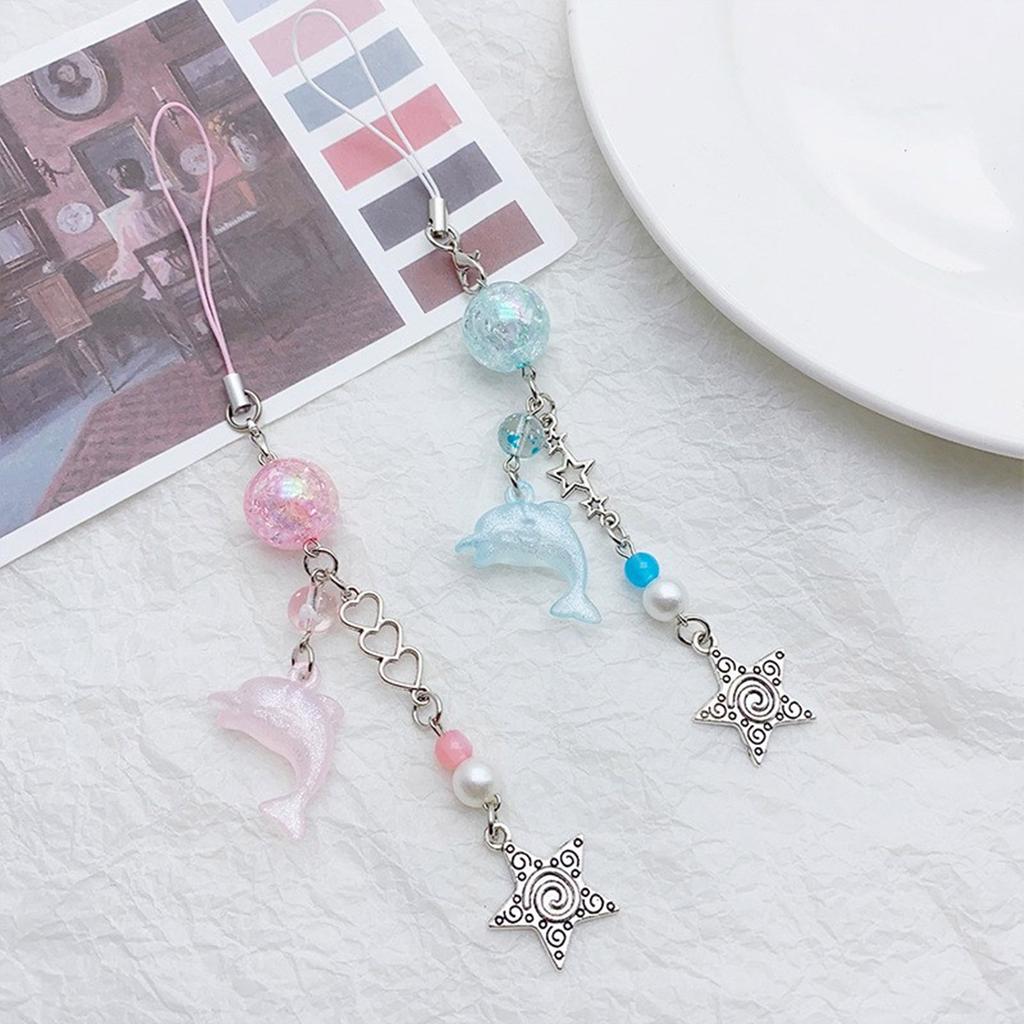 Cute Dolphin Beaded Pendant Cellphone Charm Phone Chain Functional Keychain Ornament Keyring for Bag Purse Backpack