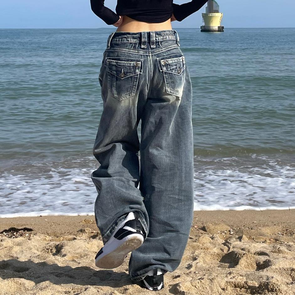 Damen Frühling und Herbst Vintage Alte Weitbeinjeans Personalisierte Mittelhohe Taille Schlepphose