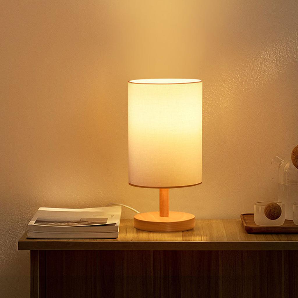 Simple Bedside Table Lamp Dimmable LED Retro Fabric Wooden Bedside Nightstand Lamp for Bedroom