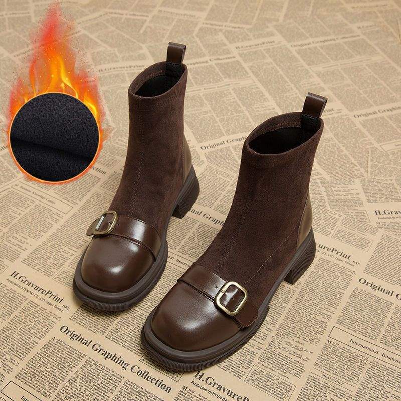 Temperament kurze Stiefel Damen Chelsea Boots 2025 Herbst und Winter neue elastische dünne Stiefel Sockenstiefel braune mittelhohe Stiefel Samt