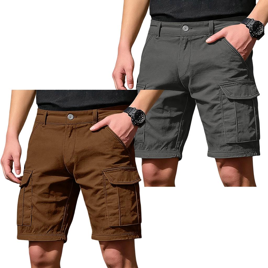 Men's Cargo Shorts 6 Pocket Elastic Waist Button Closure 2 Pack Casual Work Shorts