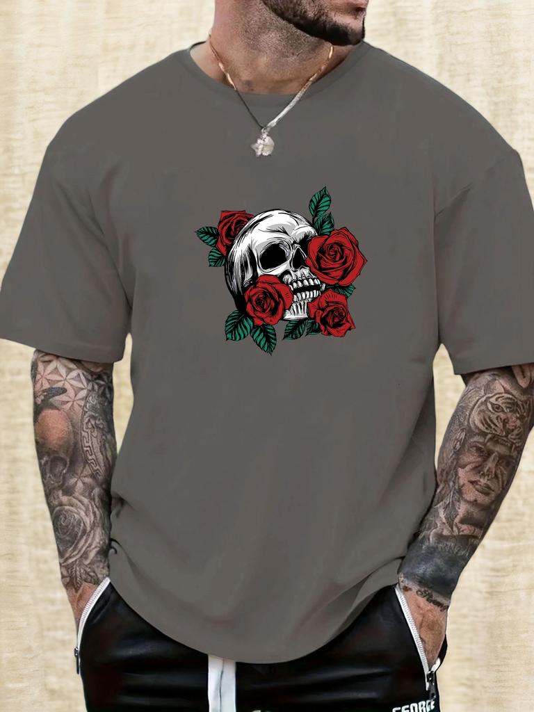 Mens Casual Tshirt Skull Rose Print Short Sleeve Round Neck Breathable Soft Oversized Edgy Daily Wear Tee