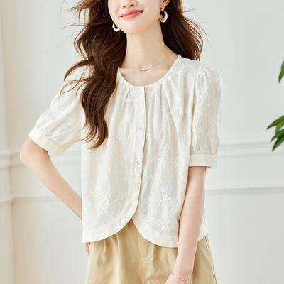 Apricot Embroidered Blouse for Women Short-sleeved Summer Latest Small Round Neck Top Pure Cotton Embroidered Blouse