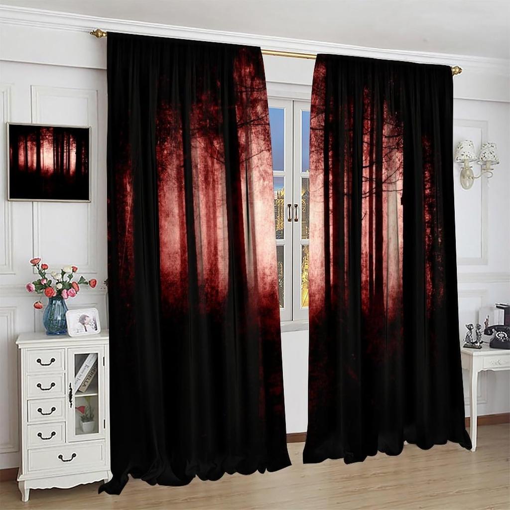 Gothic Dark Red Forest Curtains, Haunted Creepy Landscape Misty Forest Window Treatments Spooky Horror Halloween Forest Window D