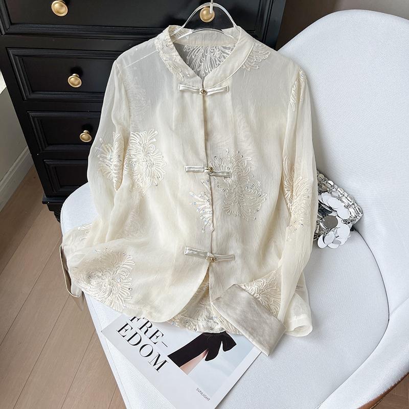 

Весна и лето 2025 новый женский модный темпераментный тонкий топ с длинным рукавом и вышивкой, воротник-стойка 3XL ([Recommended 138-75kg]) абрикосовый