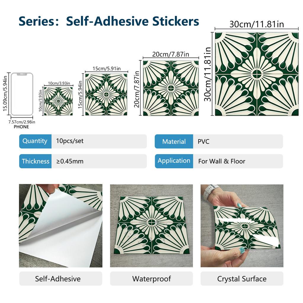 10Pcs Vintage Green Tile Stickers Glossy Self-Adhesive Sunflower Pattern Wall Floor Decals Kitchen Backsplash Home DIY Decoration
