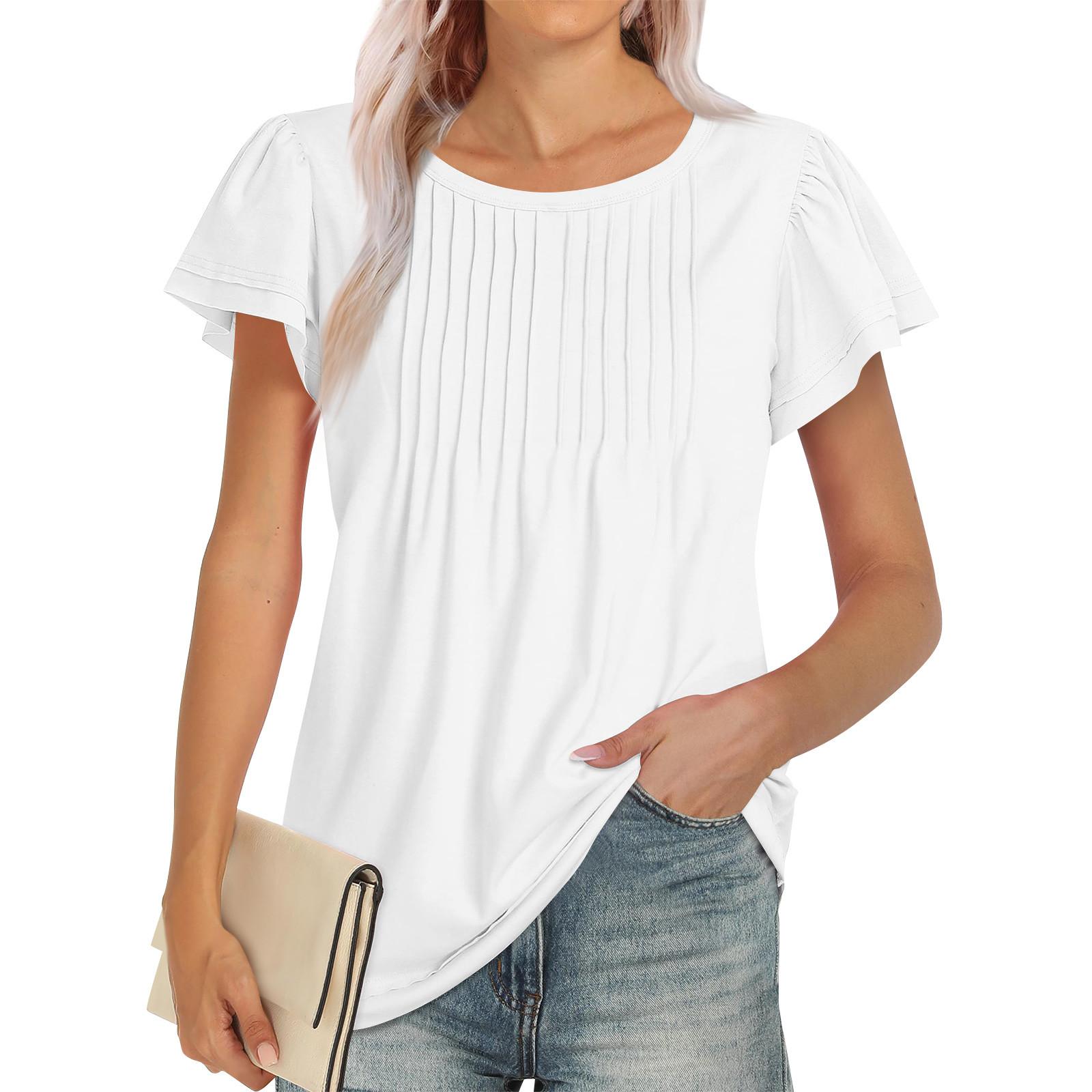 

Женские летние топы, повседневные, с оборками, коротким рукавом, круглым вырезом, свободные, плиссированные футболки XL белый