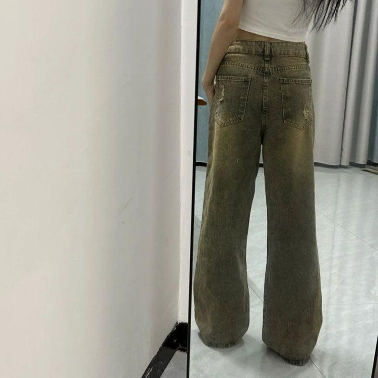 Niche Design Sense Washed Broken Holes Jeans Women Blue Large Size Straight Loose Trailing Floor Wide Leg Trousers Jeans for Women Long Denim Pants