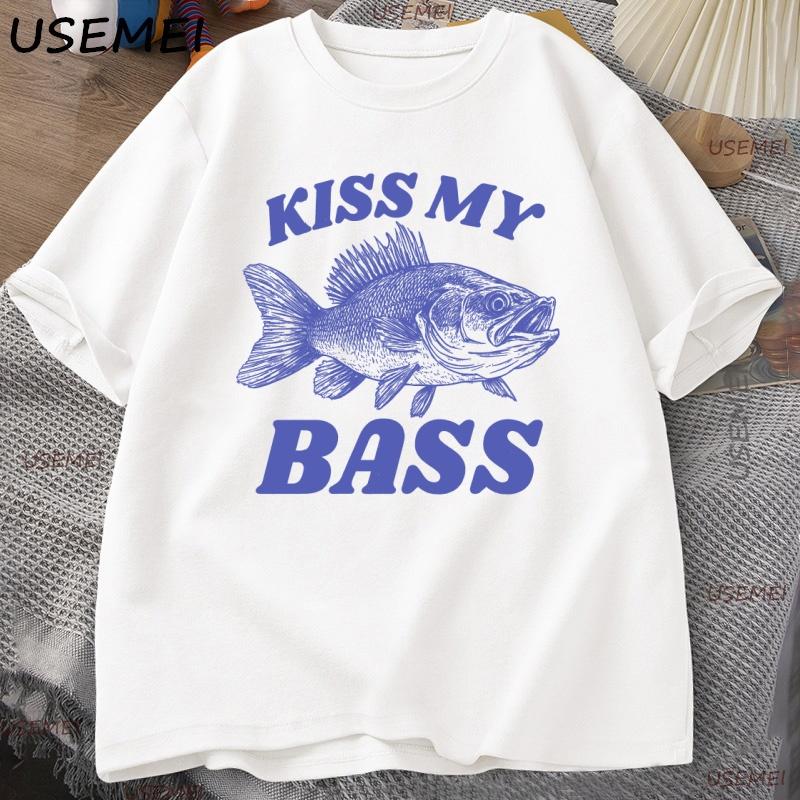 Retro Fishing T Shirt Kiss My Bass Tee Funny Men Dad Grandpa Fishing T-shirt Outdoorsman Humor Top Fisherman Gift Clothes Tshirt XXL белый