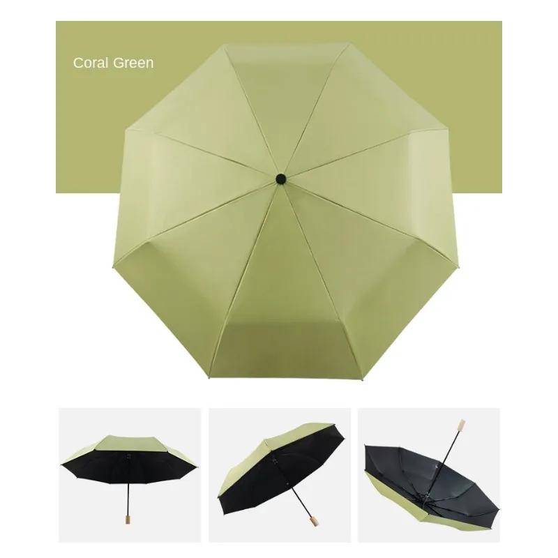 Simple Plain Triple Folding Umbrella Solid Wood Handle Girls Partysu Vinyl Sun Umbrella Reinforced Umbrella