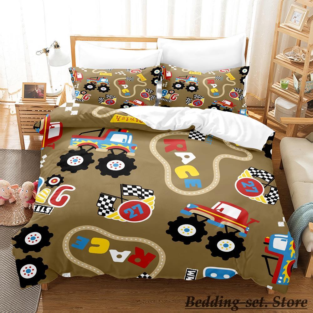 Kreskówkowy Zestaw Pościeli Monster Trucks DS Pojedynczy Bliźniak Pełny Queen King Size Zestaw na Łóżko Dorosły Dziecko Sypialnia Zestawy Poszewek na Kołdrę Anime Kawaii