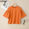 VONDA Summer Women Crew Neck Flare Sleeve Solid Color Casual Blouse