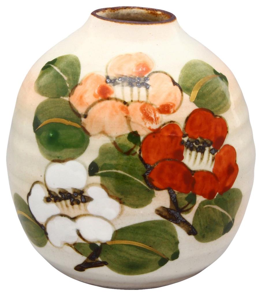 Kyoto-yaki, Kiyomizu-yaki, Shunzan-gama, Miniature Vase (presented In a Gift Box) with a Five-flower Design and Camellia Motif