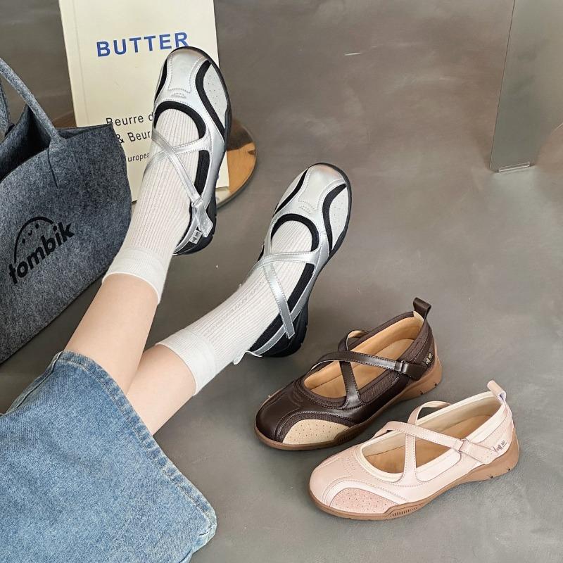 Leather cross-strap ballet women's spring and autumn new shallow mouth single shoes casual sports Mary Jane shoes