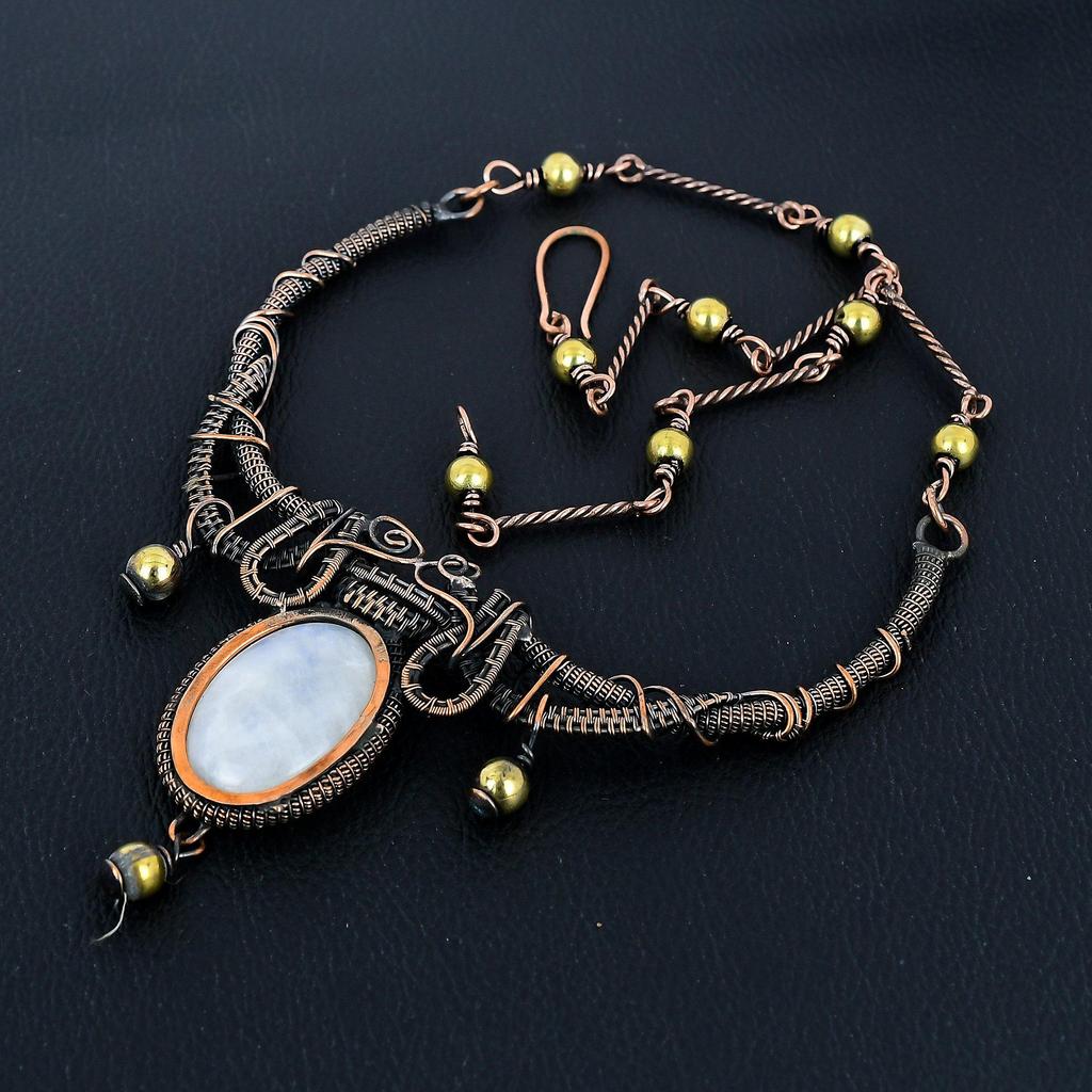 Rainbow Moonstone 999 Copper Wire Wrapped Necklace Adjustable, Chain Necklace Handmade Gemstone, Gift For Mom Antique Jewelry