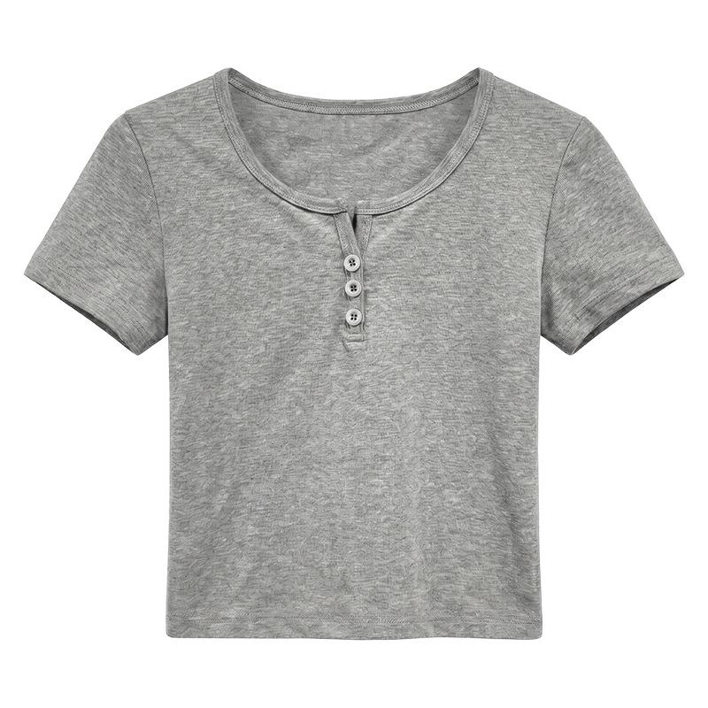 Design Sense Summer Button Crew Neck Front Shoulder Short Sleeve T-shirt Korean Version Women's Short Bottoming Shirt Spice Girls Internet Celebrity T