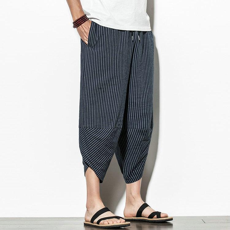 Harajuku Casual Wide Leg Harem Pants Men 2024 Summer Cotton Baggy Pants Striped Calf Length Trousers