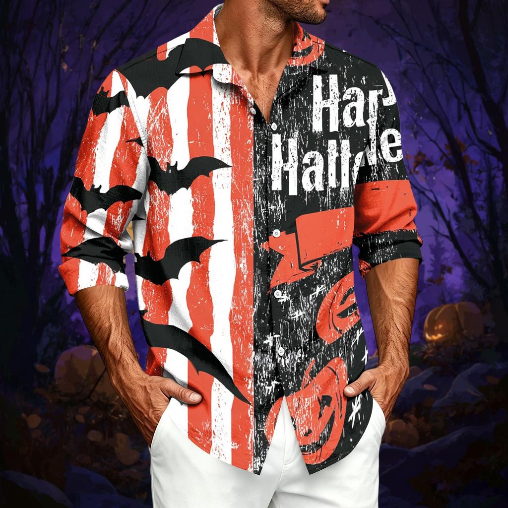 Men's Casual Long Sleeve Print Shirt with Halloween Design for Spring and Fall