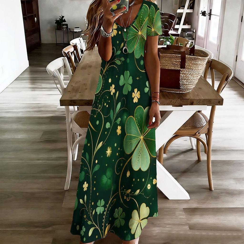 Women Plus Size V Neck Short Sleeve Clover Printed Dark Green Long Straight Dress