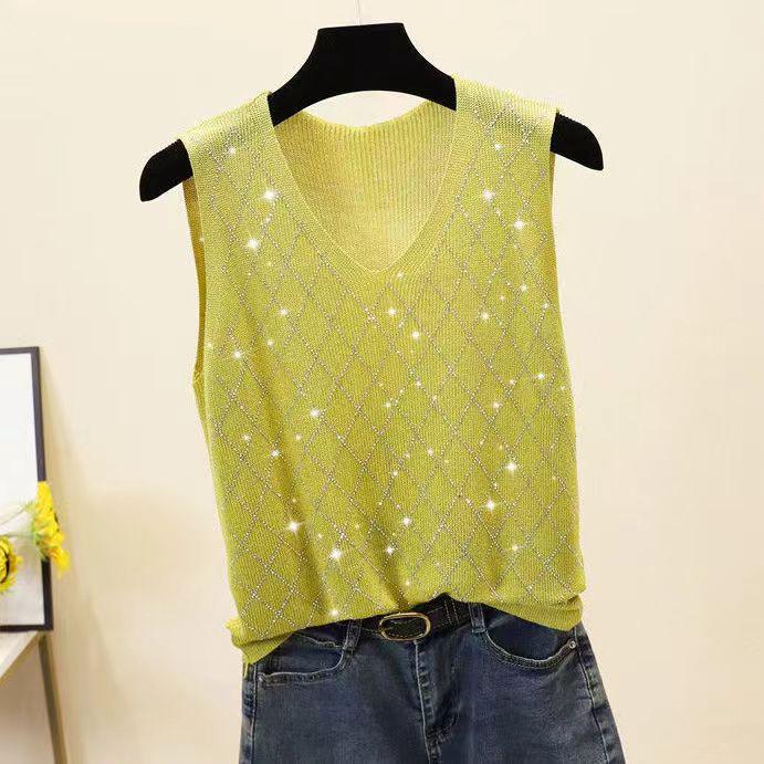 2023 Shiny Silk Sleeveless V-Neck Women's Vest - Spring/Summer New Style, Loose Fit with Hot Diamond Sling Knitted Design