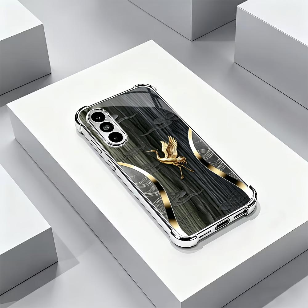 Wood Grain Golden Crane phone case s26 ultra case glass mobile phones for Samsung Galaxy S26 S25 S24 S23 S22 FE Ultra Plus