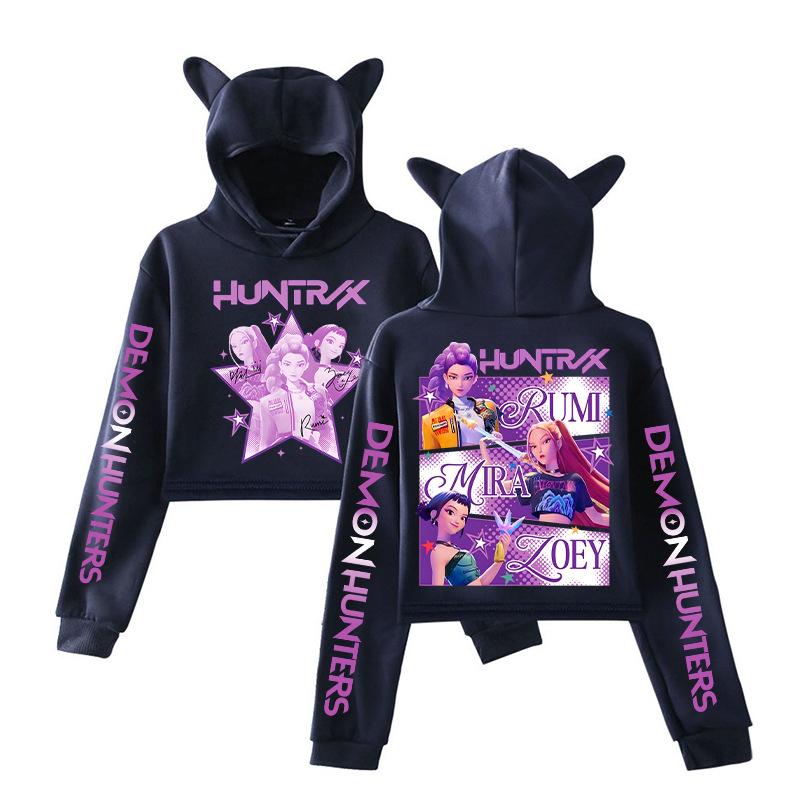

KPop Demon Hunters Cat Ears Fashion Hoodie Harajuku Streetwear Autumn Pullover Girls Cute Crop Tops Women Hoodie Casual Outwear XS темно-синий