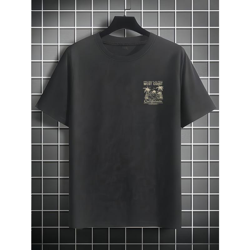 T-shirt da uomo casual larga in 100% cotone puro, stile retrò, con stampa a tema spiaggia California e surf, girocollo, manica corta