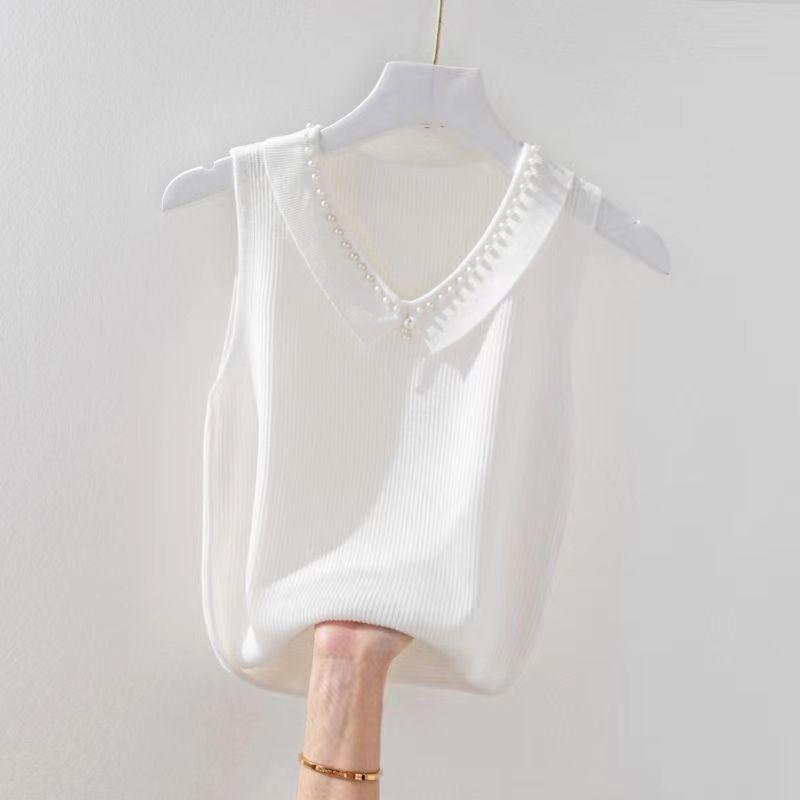 Female Doll Collar Solid Color Sleeveless Top Fashionable Pearl Versatile Camisole