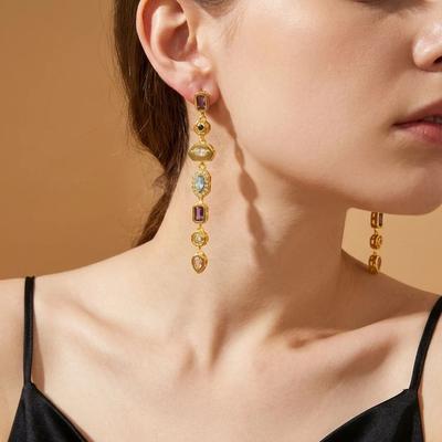 Exquisite Brass & Cubic Zirconia Long Tassel Earrings for  Women Colorful Rhinestone Geometric Splicing Earrings Party Jewelry