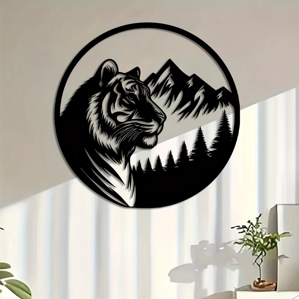 1pc Black Metal Tiger Wall Art 15.74 Inch Round Wildlife Design Mountain Forest Pattern Home Patio Balcony Decor Housewarming Wedding Mother Day Gift