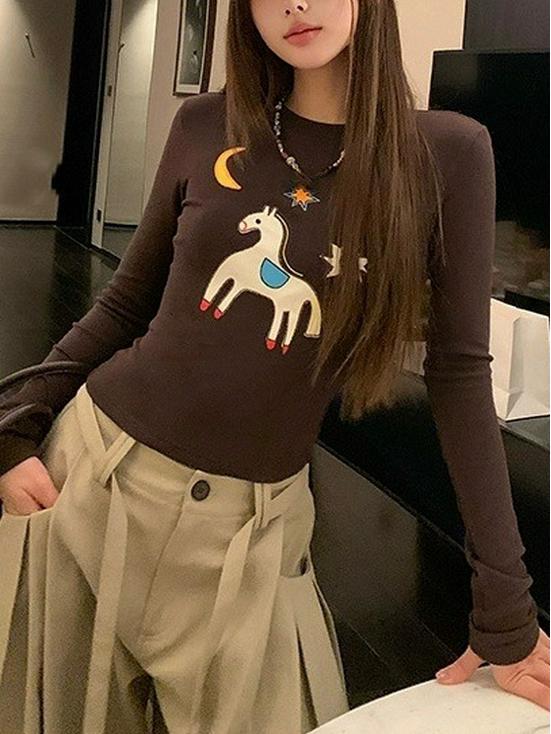 Little Horse BAO Li s All-Season Embroidered Imitation Wool T-Shirt Medium