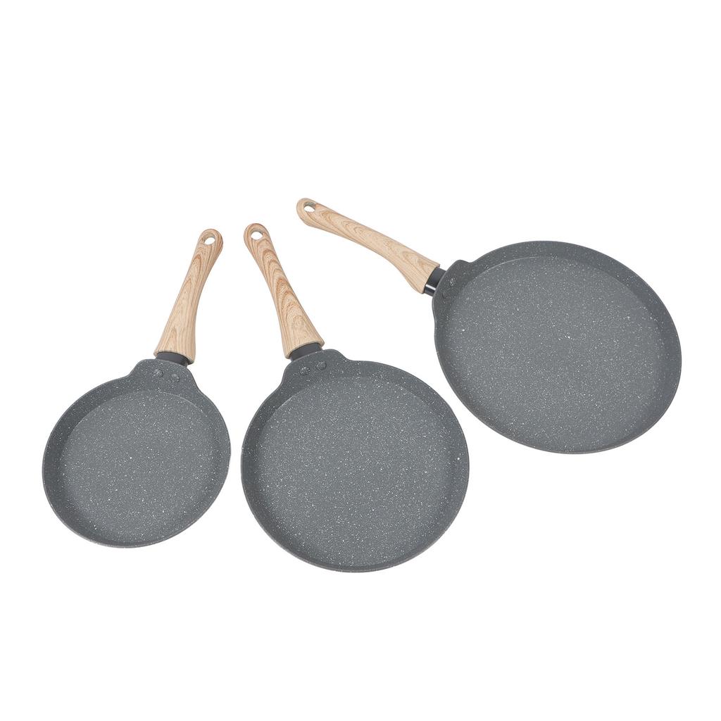 3PCS Frying Pan Set Grey 3 Sizes Multifunctional Maifan Stone Anti Stick with Wooden Handle Pancake 