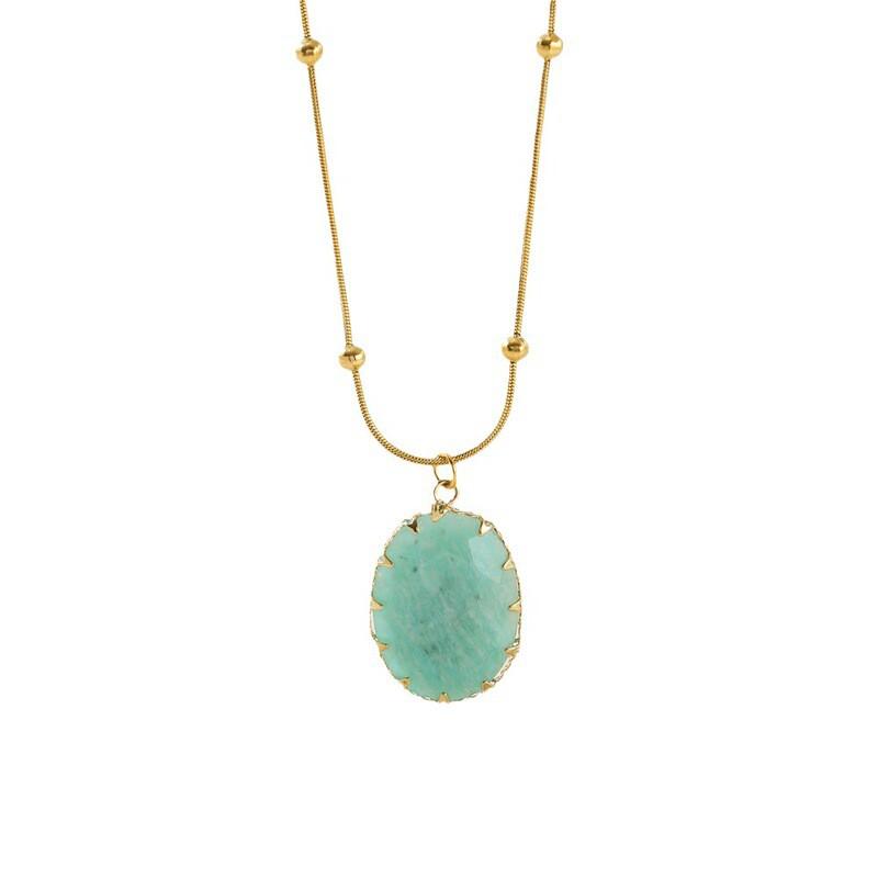 Womens Titanium Steel Pendant Necklace With Natural Stone 18K Gold Plated Geometric Oval Design Lightweight Luxury Chain