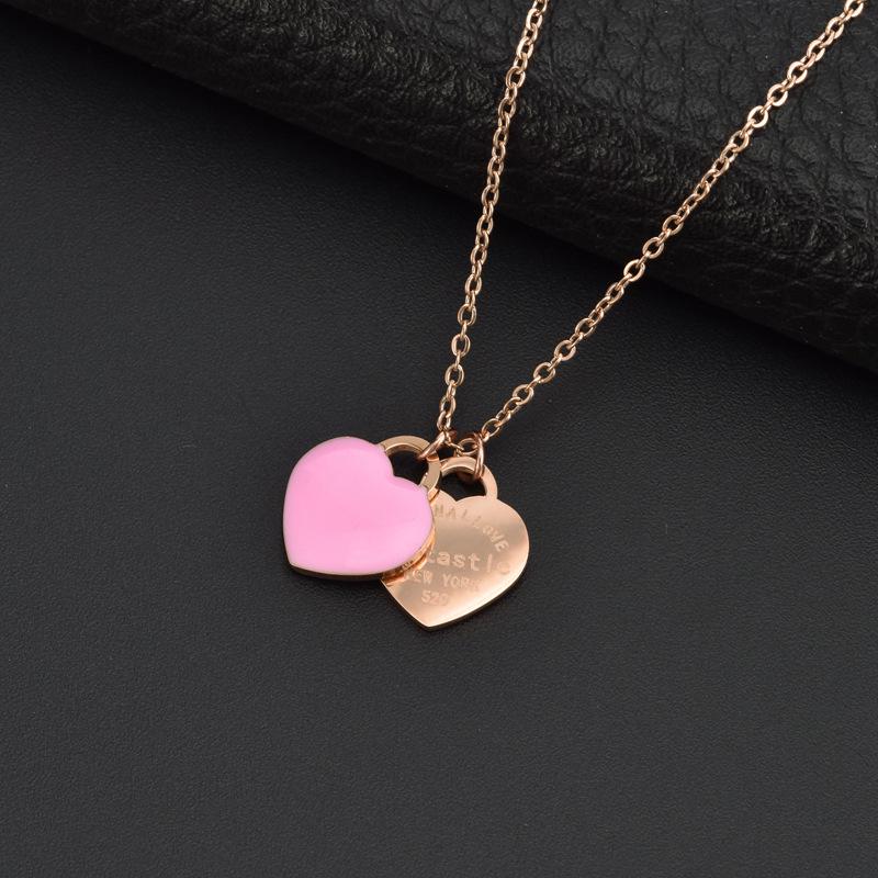 18k Gold Stainless Steel Pink Enamel Double Heart Necklace & Stone Bracelet Set
