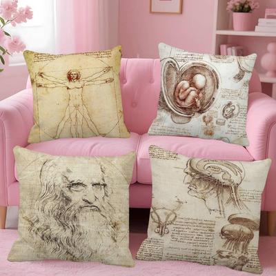 Leonardo Da Vinci Manuscript Vitruvian Man Pillow Case Square Pillow Bedroom Sofa Leisure Comfort Cushion Home Decoration