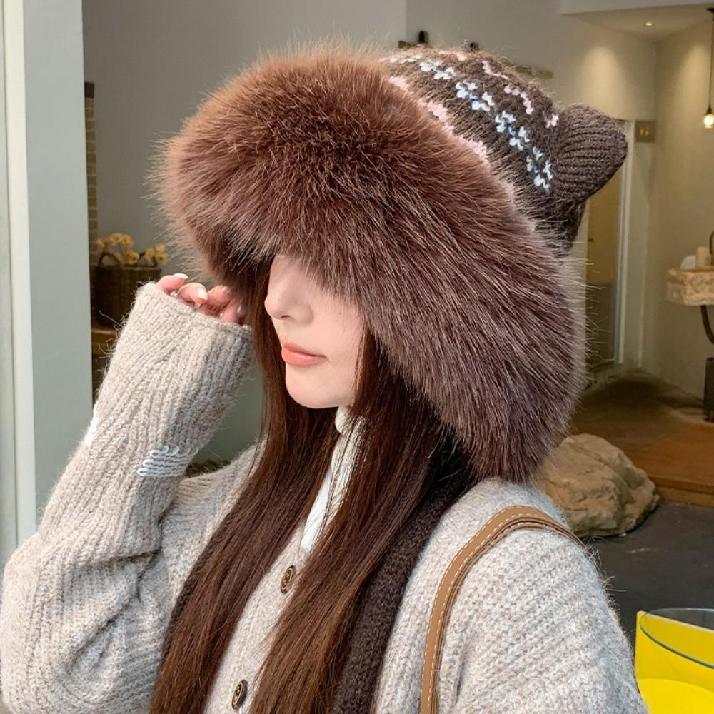 Polyester Cat Ears Hat Ear Flaps Winter Warm Hat Retro Faux Fur Hat  Cold Weather