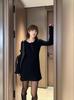 Hepburn Style Black Hollow Knit Long Sleeve Dress - 2025 Autumn/Winter A-line Skirt with Cinched Waist