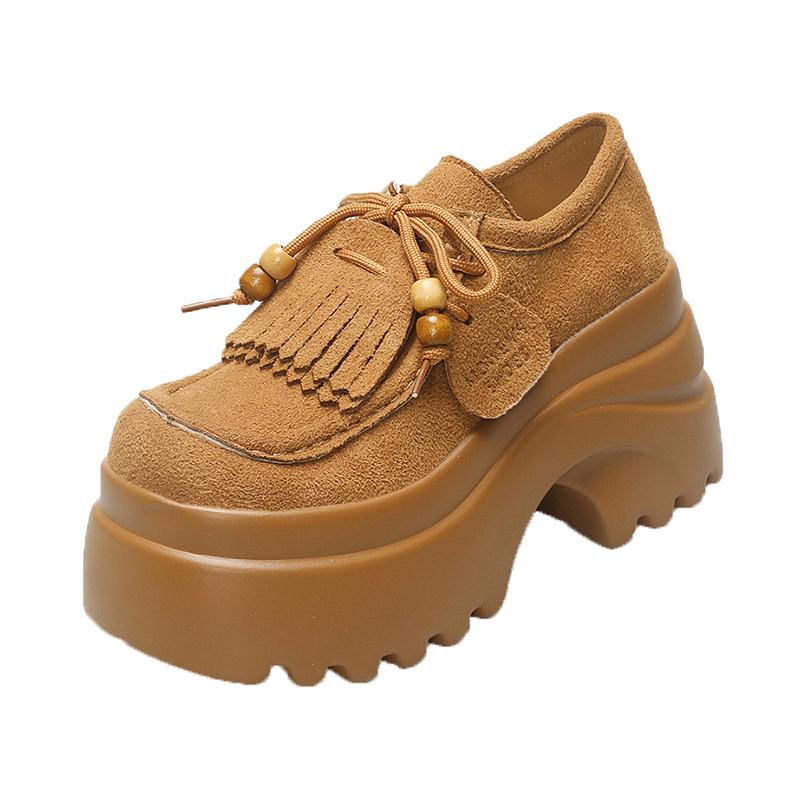 Fashion Women's Thick Bottom Kangaroo Shoes with Laces Full Wrap Birkenstyle Fall New Vintage Matte Leather Single Shoes Casual Loafers