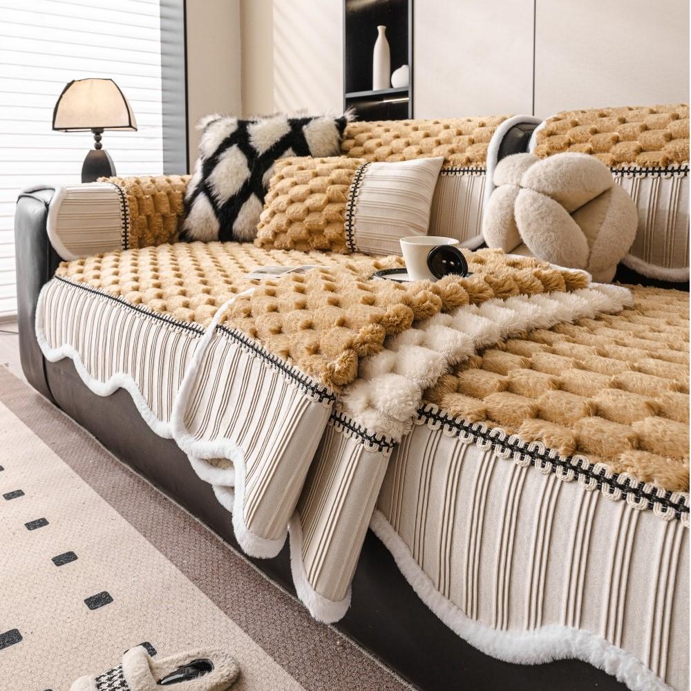 Sofa Cover Sofa Arc Edge Sofa Luxury Non-Slip Seat Soft Thicken Couch Protector Winter Patchwork Fleece Plush Sofa Cushion