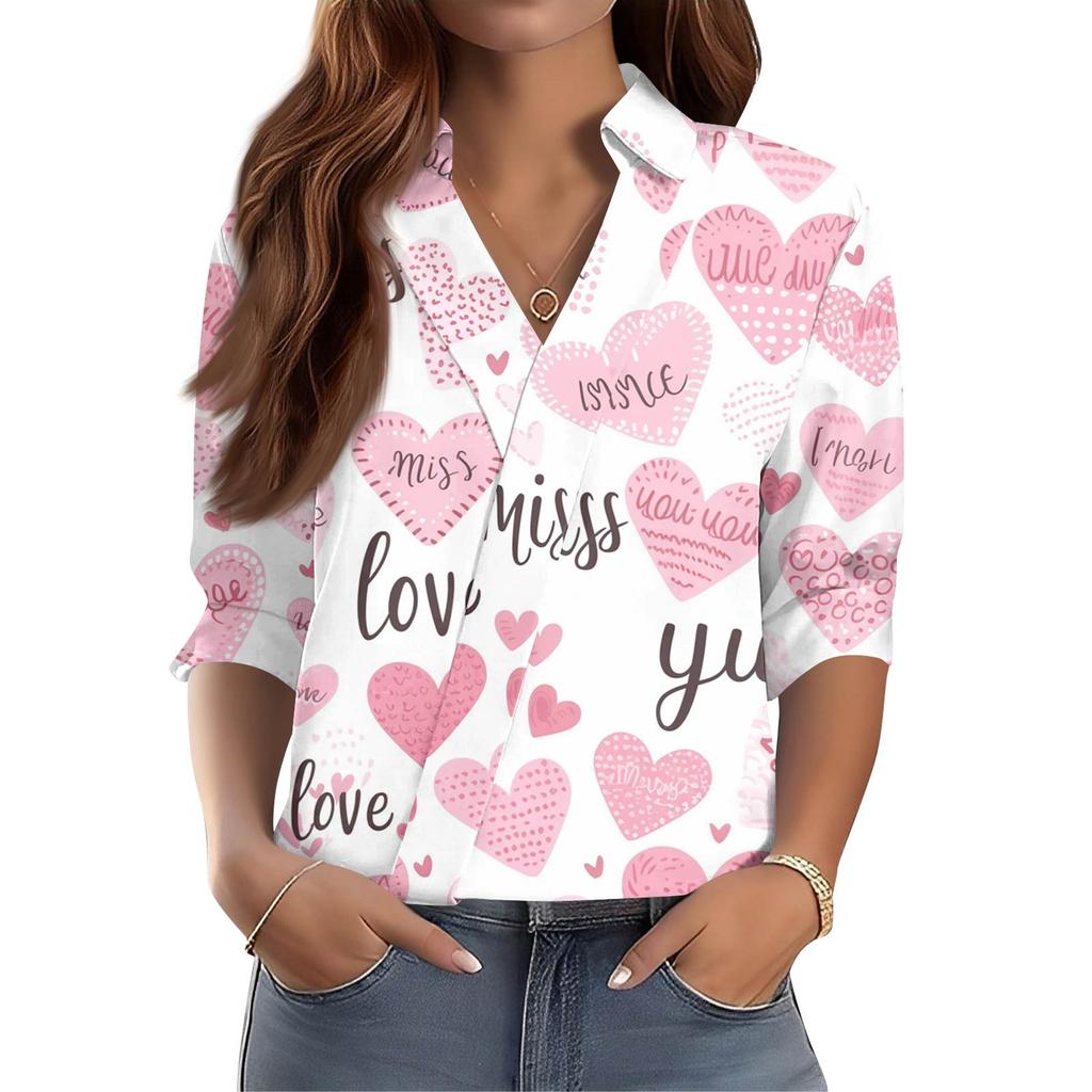 Women's 3/4-Sleeve V-Neck Shirt Printed Workwear Casual Regular Shirt Collar Top