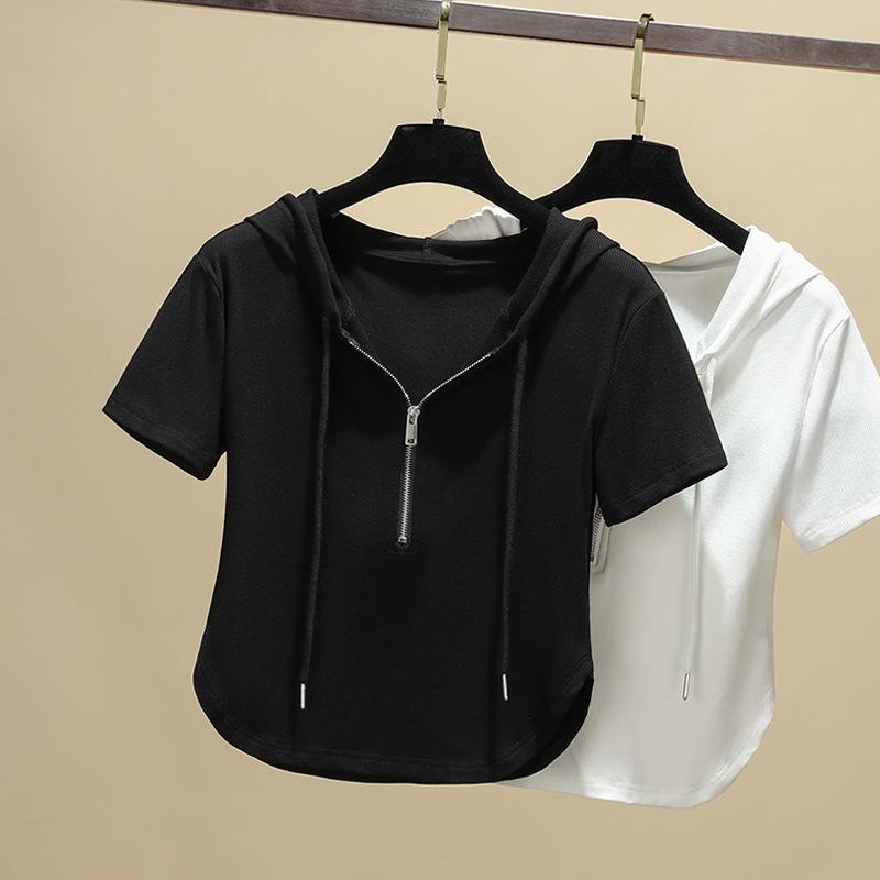 Short-sleeved T-shirt for Women's Summer New Women's Curved Hem Solid Color Threaded T-shirt Short Zipper Hooded Top