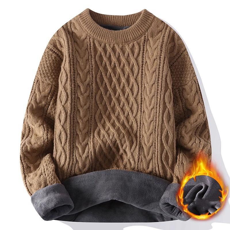 Trendy Knitted Sweater for Men Casual Round Neck Warm Inner Loose-fit Pullover Cozy Soft Supple Fall Winter Fashion