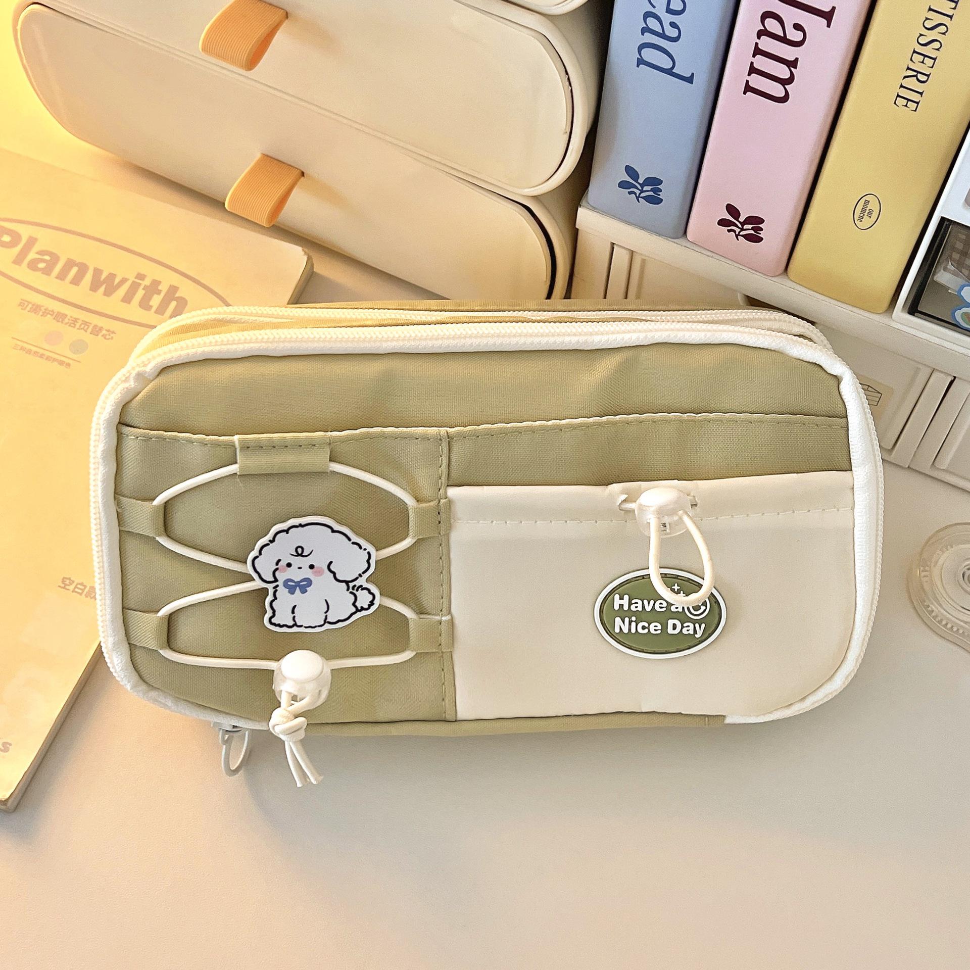 2025 Многослойный вместительный милый холщовый пенал для девочек зелёный