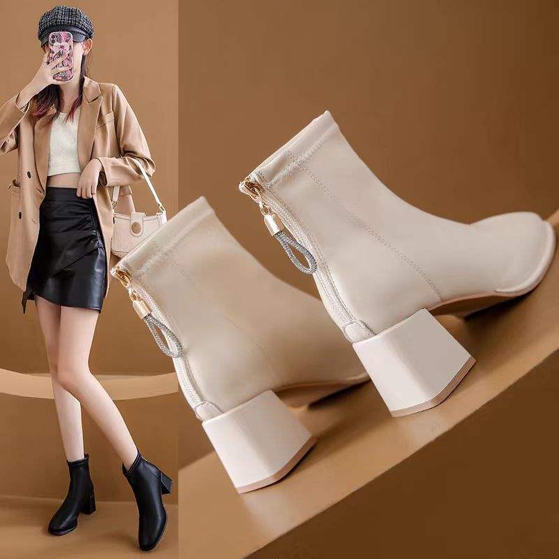French soft leather short boots ankle boots 2025 new autumn and winter thick heel Martin boots square head velvet short tube thin boots women