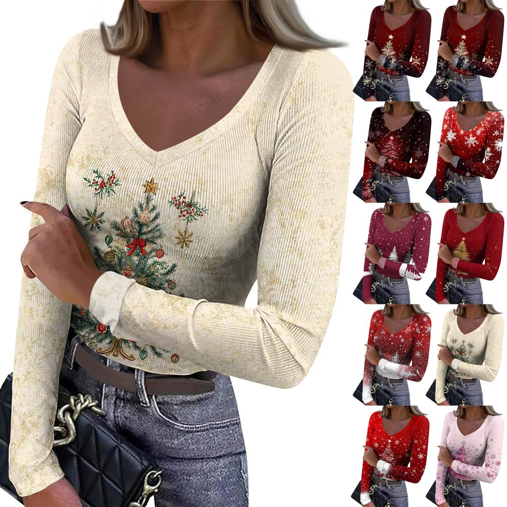 Women's Winter Slim-Fit Base Layer T-Shirt Fashionable Christmas Print V-Neck Pullover Long-Sleeved Top