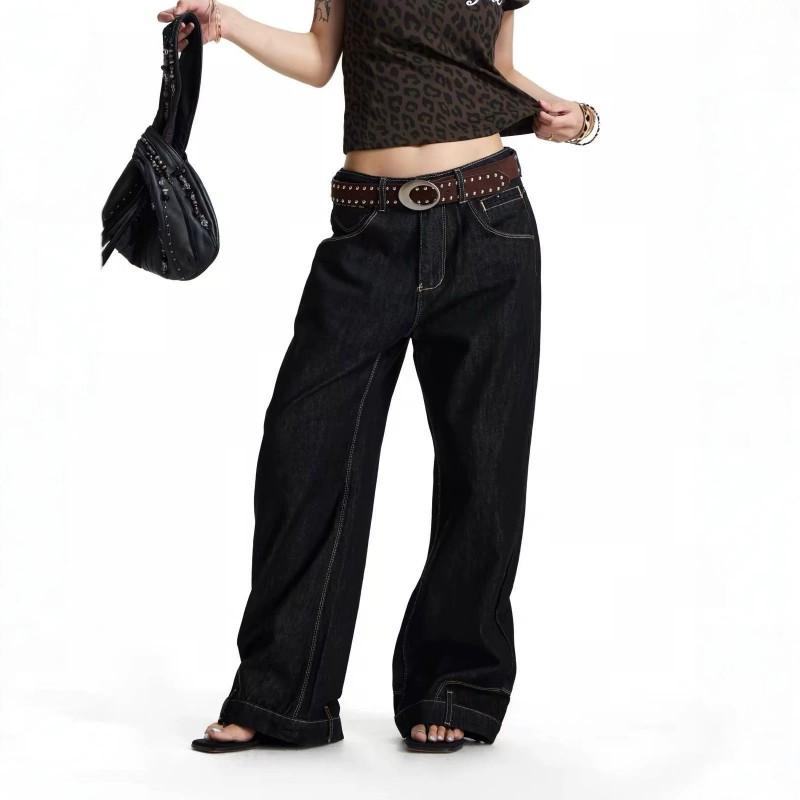 American Retro Paris Buckle Raw Denim Jeans Unisex Straight Wide Leg Slim Fit Streetwear