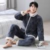 Pajamas Men'S Winter Coral Fleece Three-Layer Padded Cotton Thickened Fleece Homewear Warm Padded Jacket Flannel Stand-Up Collar Set